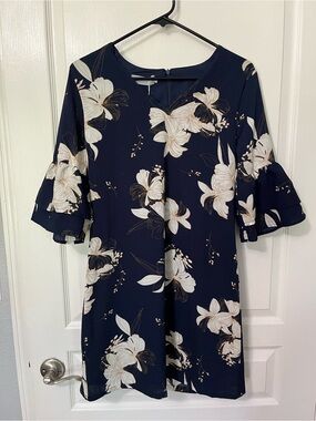 Floral Navy Midi Dress with Ruffle Sleeves